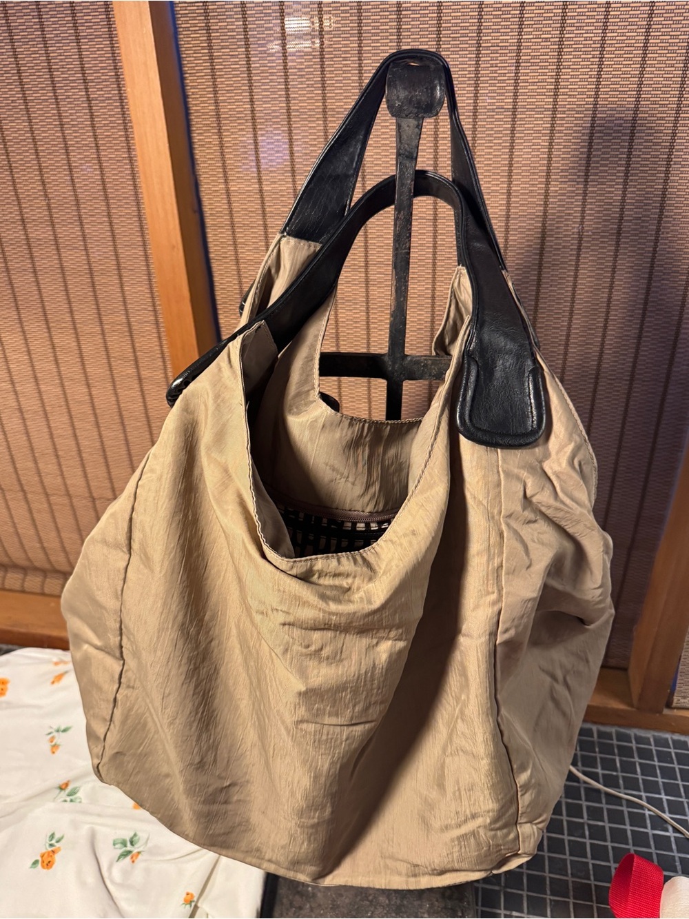 Beige Nylon Tote Bag with Black Handles